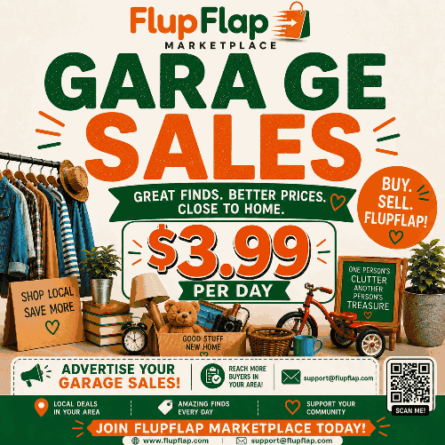 FlupFlap promotional banner for garage sales and local marketplace deals